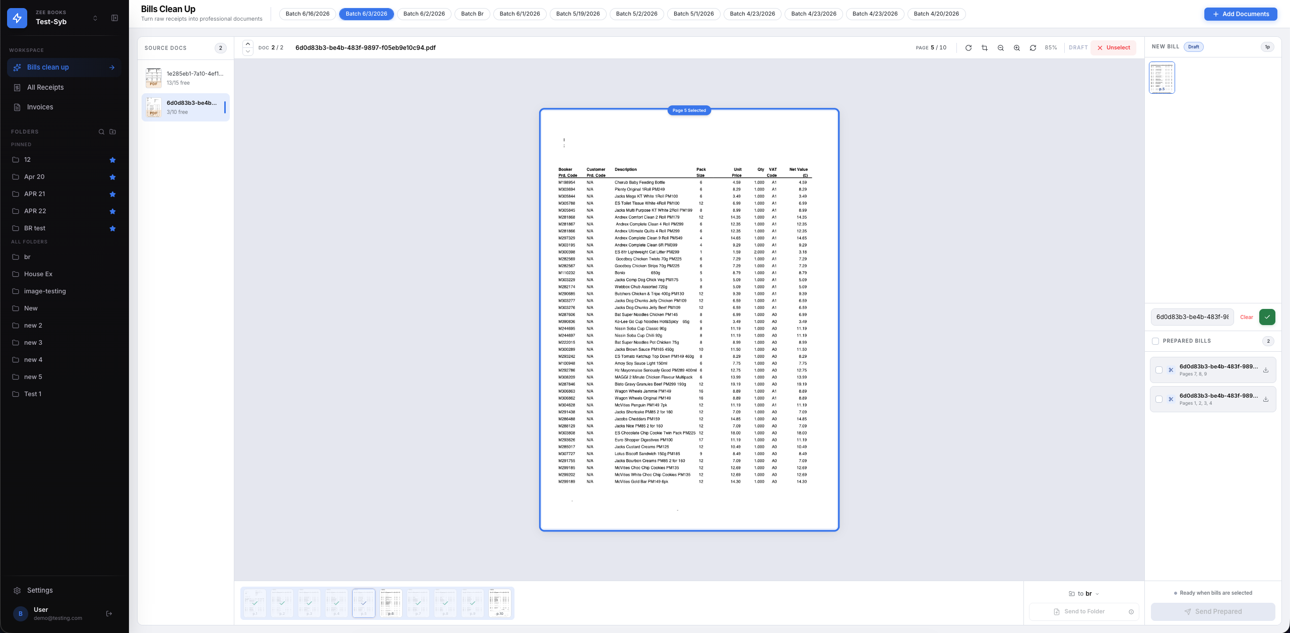 Zee Books bills cleanup workspace with an invoice selected and ready to prepare