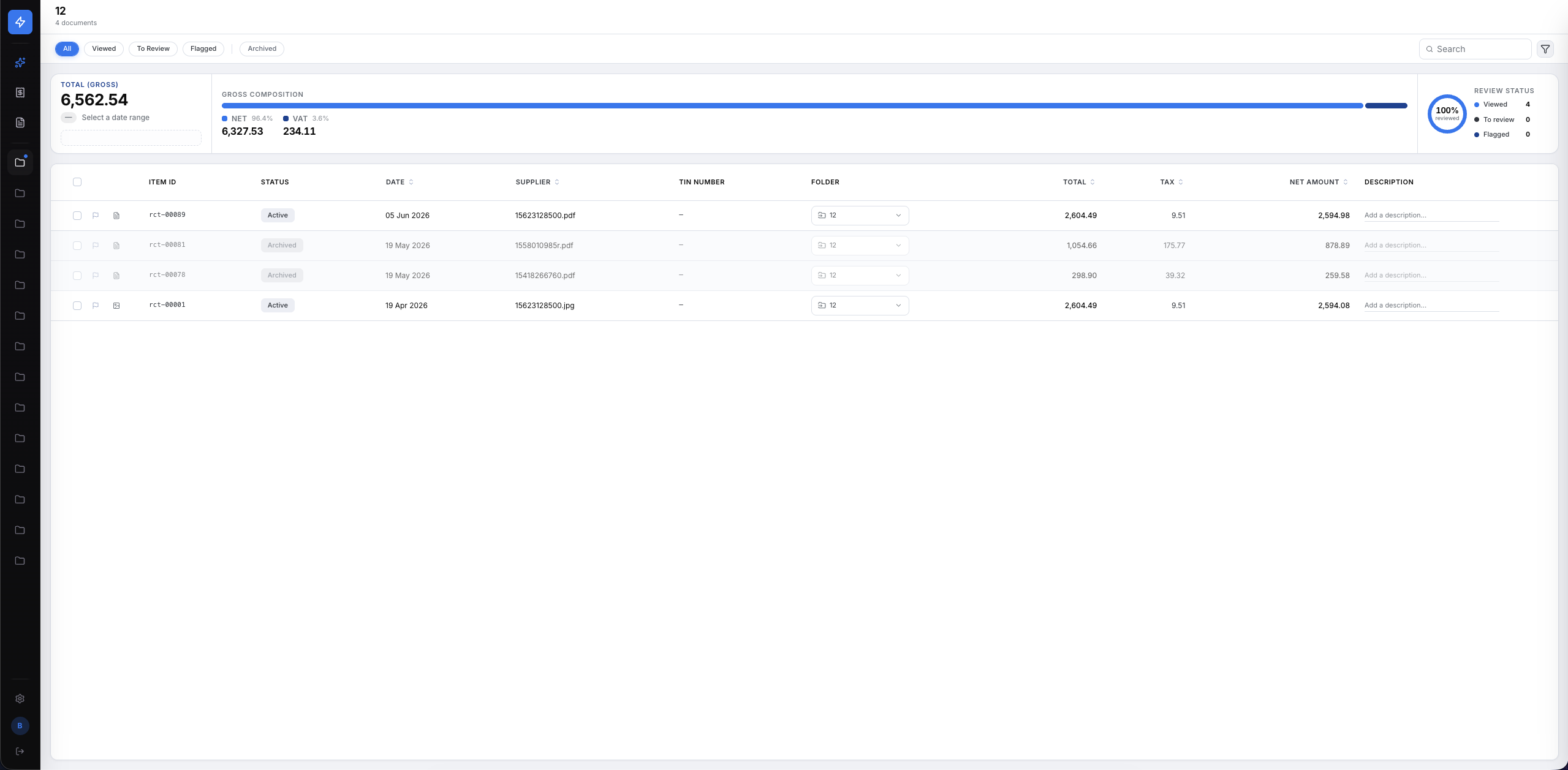 Zee Books receipt review workspace showing totals, tax, review status, and document records