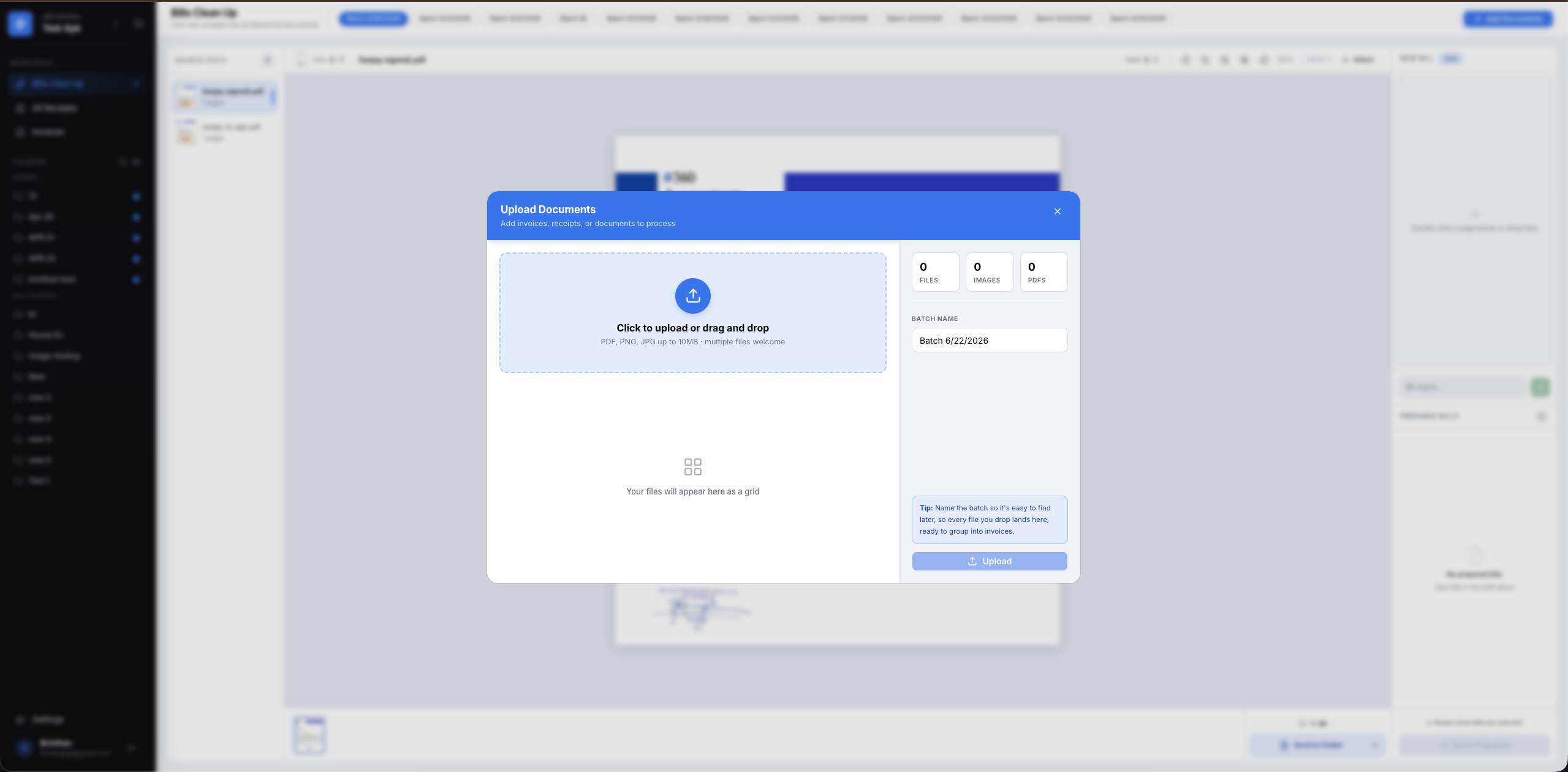 Zee Books upload documents dialog ready to import invoices and receipts